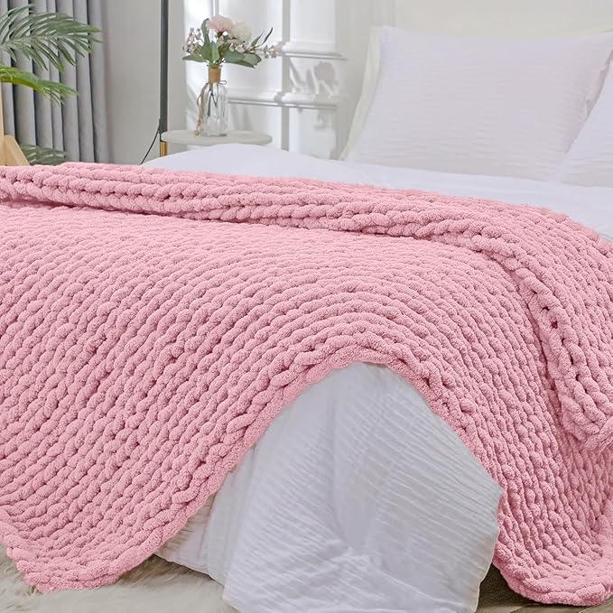 Bigacogo Chunky Knit Throw Blanket for Couch, 51x63 inches, Blush Pink | Hand Knit with Jumbo Chenille, Soft Breathable Cable Knit for Sofa Bed Living Room, Machine Washable, Gift for Mom Friend