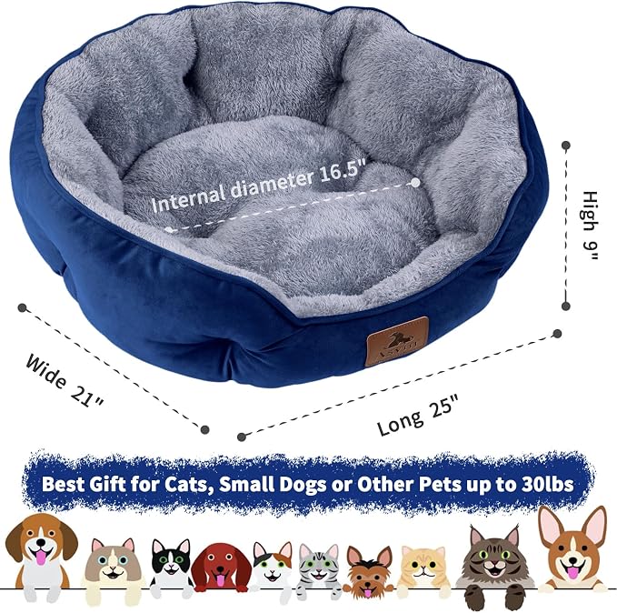 Medium Dog Bed for Medium Dogs, Large Cat Beds for Indoor Cats, Pet Bed for Puppy and Kitty, Extra Soft & Machine Washable with Anti-Slip & Water-Resistant Oxford Bottom, Blue, 25 inches