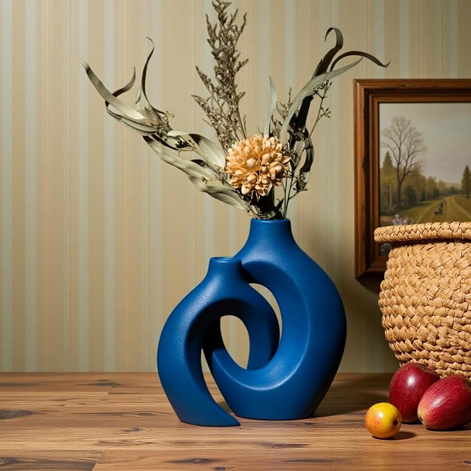 Snuggle Hollow Ceramic Vase Set of 2, 8.4 inch Modern Nordic Coastal Shaped Pampas Grass Aesthetic Decorative Table Vases for Home Decor (Matte Navy Blue - M)