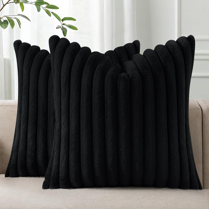 Pallene Faux Fur Decorative Throw Pillow Covers 26x26 Set of 2, Black | Luxury Plush Texture, Striped Design, Cozy Soft Touch, Modern Home Accent Decor for Couch, Sofa, Bed, Living Room