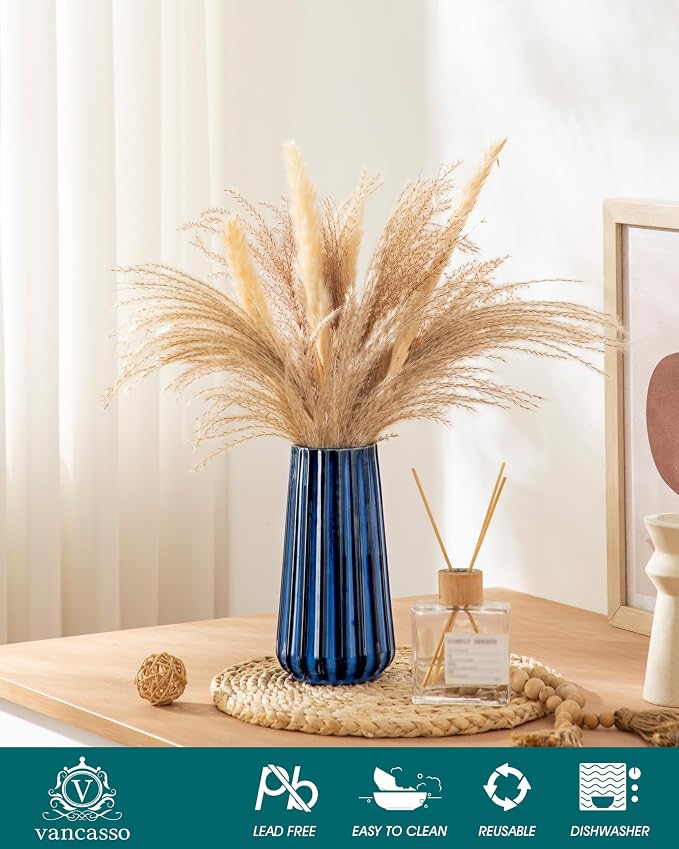 vancasso Ceramic Vase, 7.8 Inch Modern Ribbed Glossy Decorative Vase, Flower vase for Home Decor, Living Room, Bedroom, Office Decor, Blue