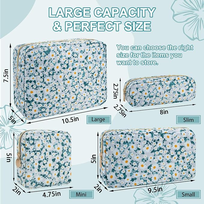 UIXIZQ Waterproof Mini Floral Makeup Bag Pouch for Purse,Nylon Flower Cosmetic Travel Bag Small Preppy Toiletry Organizers Bag for Women Girl,Cute Zipper Pouch Coin Purse for Work(Mini Green-Daisy)