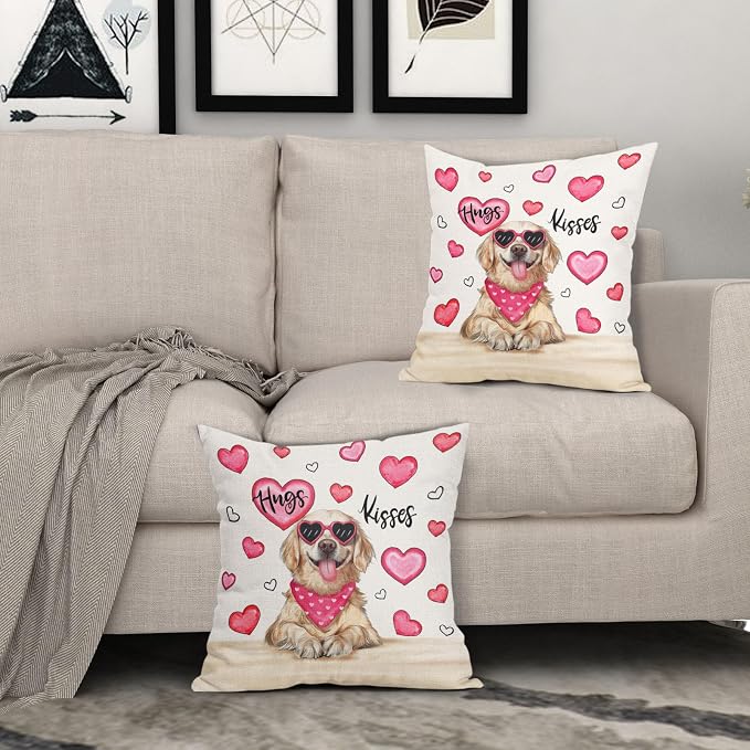 Valentine's Day Dog Pillow Covers 18X18 Inch Set of 2 Golden Retriever Hugs Kisses Pink Heart Decorative Pillow Cases Anniversary Wedding Cushion Case Valentine Party Home Decor for Sofa Couch