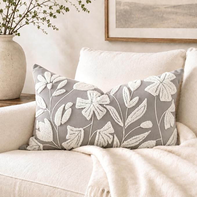 Lumbar Pillow Cover 12x20 Inch, Light Gray Floral Tufted Velvet Decorative Accent Pillow Case for Sofa Bed Living Room, Cover Only