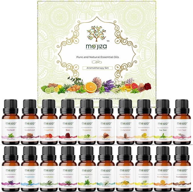 MO'JIZA Pure Aromatherapy Essential Oils Gift Set, 20 Oils-Sandalwood, Rose, Bergamot, Patchouli, Grapefruit, Clary Sage, Jasmine, Lavender, and More, 10ml Each. Certified Kosher, Vegan & Cruelty Free