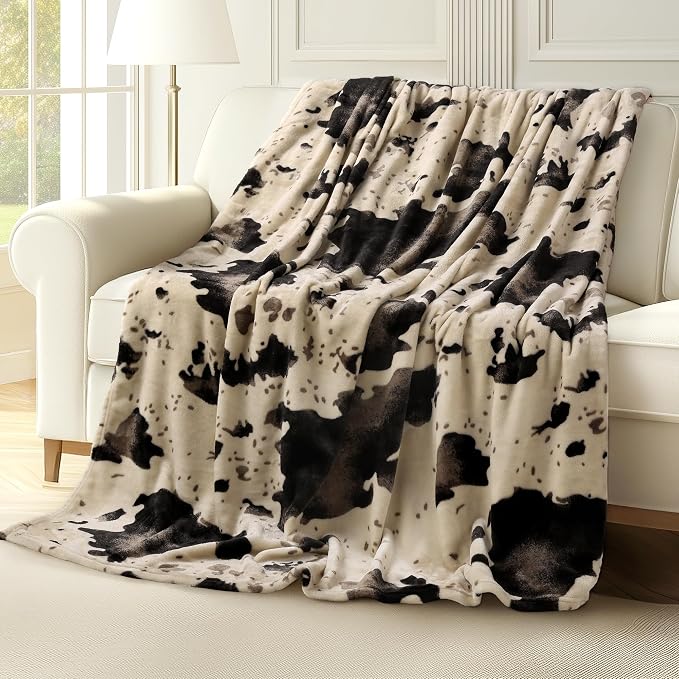 Cow Print Blanket Ultra Soft Flannel Throw Blanket for Couch Bed, Cute Cozy Lightweight All-Season Fleece Blanket, Gift for Women & Girls, 50×60 Inches Brown