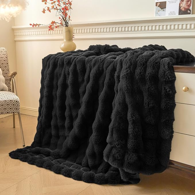 LIFEREVO Luxury Fluffy Faux Rabbit Fur Throw Blanket 60x80, Black | Plush Fuzzy Bubble Lap Throw for Couch Sofa Office, Soft Cozy Furry Bed Blanket Home Decoration, Washable & Skin-friendly