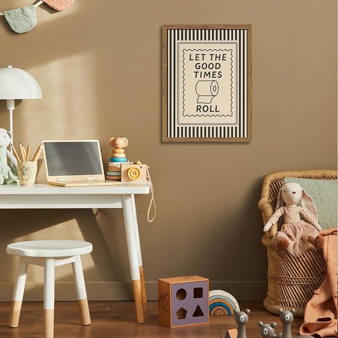 Framed Let The Good Times Roll Bathroom Print, Vintage Funny Toilet Quote Canvas Wall Art, Stripes Bathroom Picture Poster, Downstairs Toilet Painting Wall Decor 12x16 inch