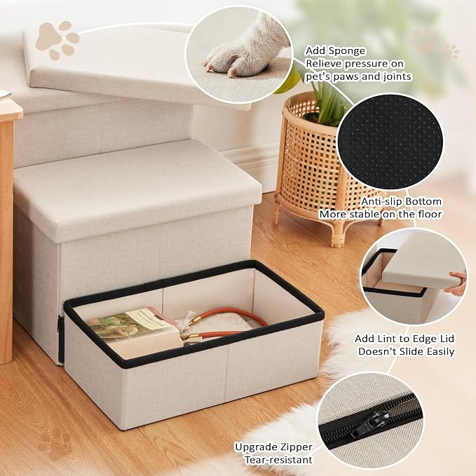 Love's cabin Dog Stairs for High Bed, Foldable Pet Stairs for Small Medium or Large Dogs Puppy with Storage for Bed or Couch, Cat Dog Steps Ramp with Zip up to 200 lbs, Beige, 3 Steps