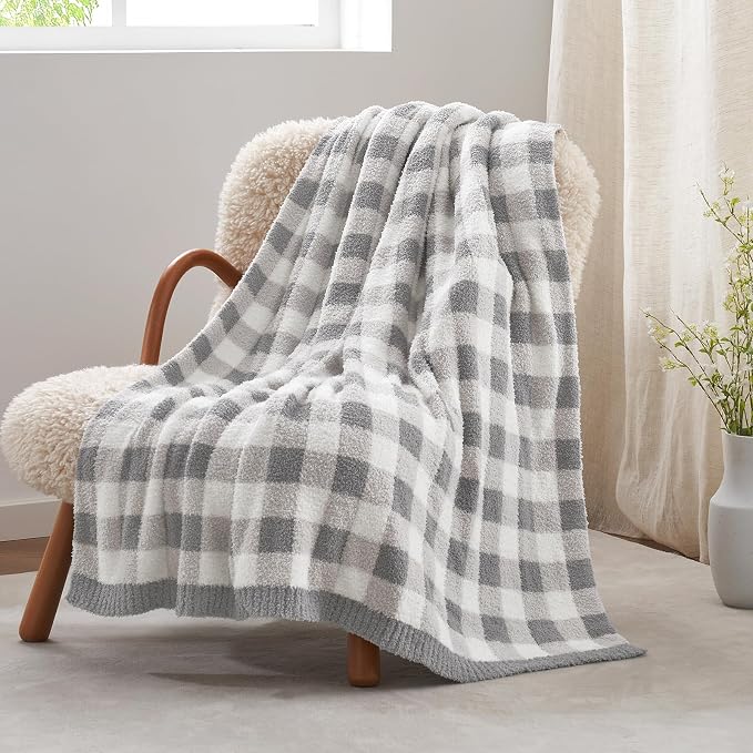 Snuggle Sac Checkered Throw Blanket for Couch, Super Soft, Cozy Warm Knit Decorative Blankets, Reversible Plaid Fluffy Throws for Sofa, Bed, Plaid Grey, 50x60 Inches