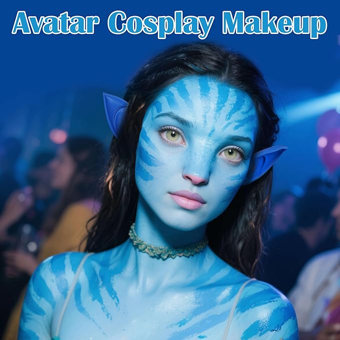 8pcs Avatar Makeup Kit,Navy Blue White Face Paint, Royal Blue Face Paint for Smurf Mystique Cosplay,Lip Gloss,White UV Eyeliner, Short Elf Ears,Single Eyeshadow,Halloween Body Paint Set with 2 Sponges