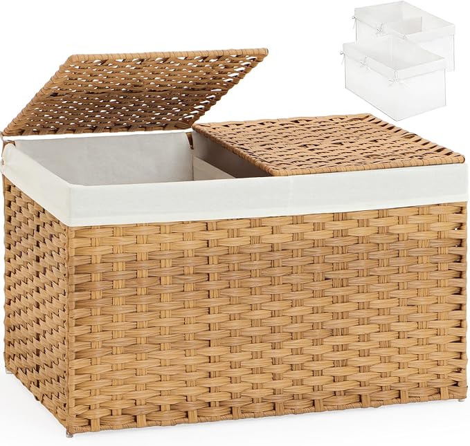 SETVSON Storage Basket with Lid, 2-Lid PE Rattan Storage Bin, Natural | 160L Storage Bin with 2 Separate Lids, 2 Removable Liners for Clothes & Blankets, Sturdy Metal Frame, PE Rattan