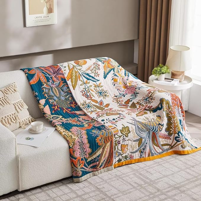 Boho Throw Blanket Farmhouse Decor Throw Blanket Bohemian Blanket for Bed 100% Cotton Muslin Woven Couch Blanket All Seasons Quilt Bedroom (J-Beige, 60"x80")