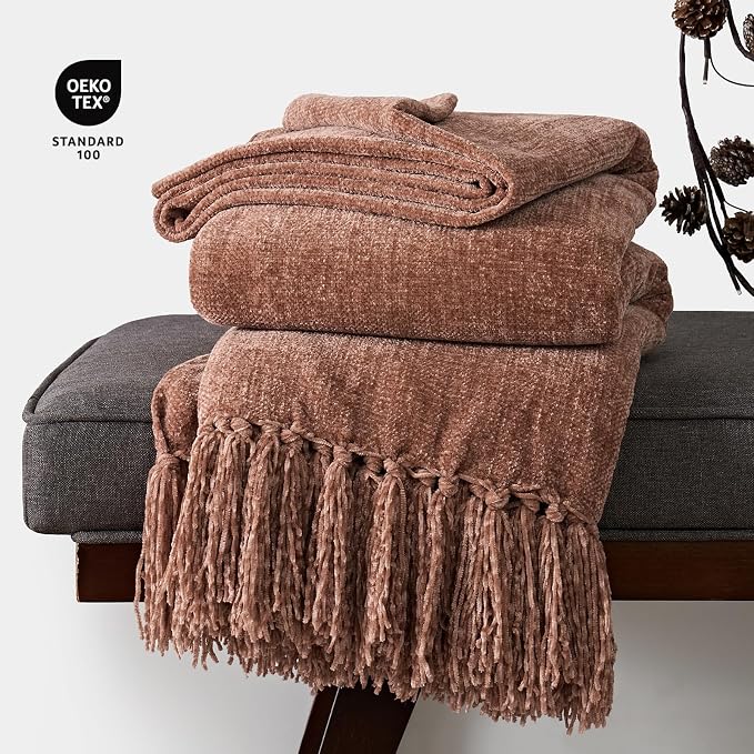 Chenille Knit Throw Blanket for Couch, 50"x60", Clay | Cozy Plush Fuzzy Knittd Throw with Tassels, Lightweight, Decorative, Farmhouse Decor, Ideal for Bed Sofa Gift, All Seasons