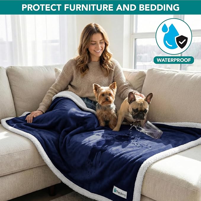 PetAmi Waterproof Dog Blanket for Small Dog Puppy Cat, 29x40, Blue | 460 GSM Sherpa Fleece Reversible, Pee Proof Pet Blanket, Furniture Protector Cover for Couch Sofa Kennel, Washable