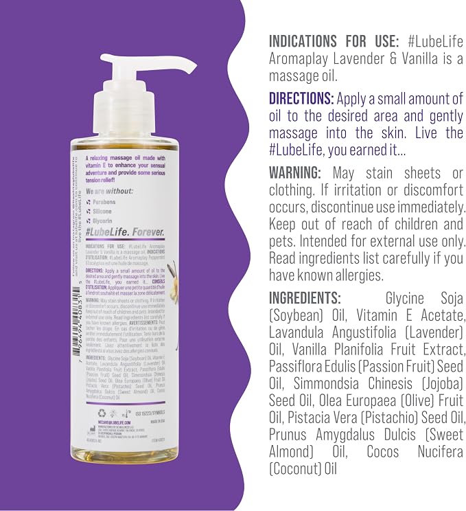 LUBELIFE Aromaplay Lavender and Vanilla Massage Oil, Essential Oil for a Relaxing Full Body Aromatherapy Massage, 8 Fl Oz