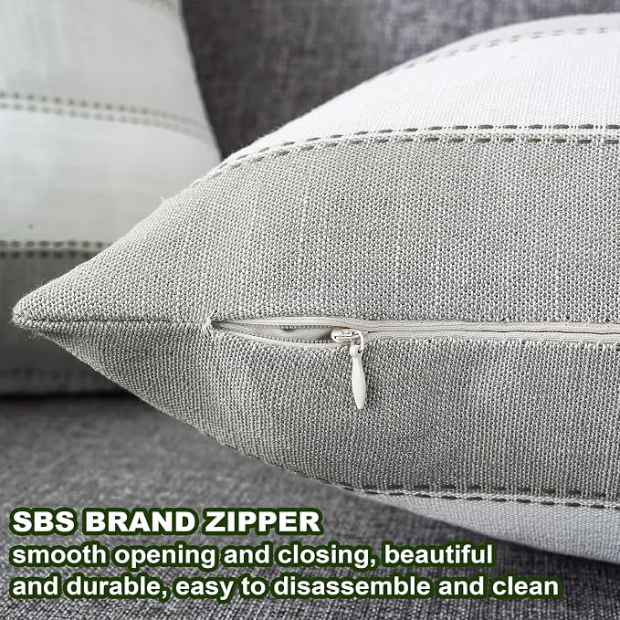 Pack of 2 Farmhouse Stripe Check Throw Pillow Covers Set Case Cotton Linen Decorative Pillowcases Cushion Cover for Couch Bench Sofa 24x24Inch Blue Beige