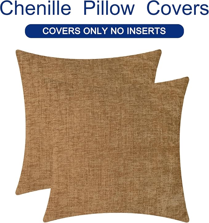 CaliTime Decorative Couch Throw Pillow Covers 24 X 24 Inches Apricot Brown | Pack of 2, Cozy Chenille Cushion Cases for Sofa Bed Living Room Farmhouse Home