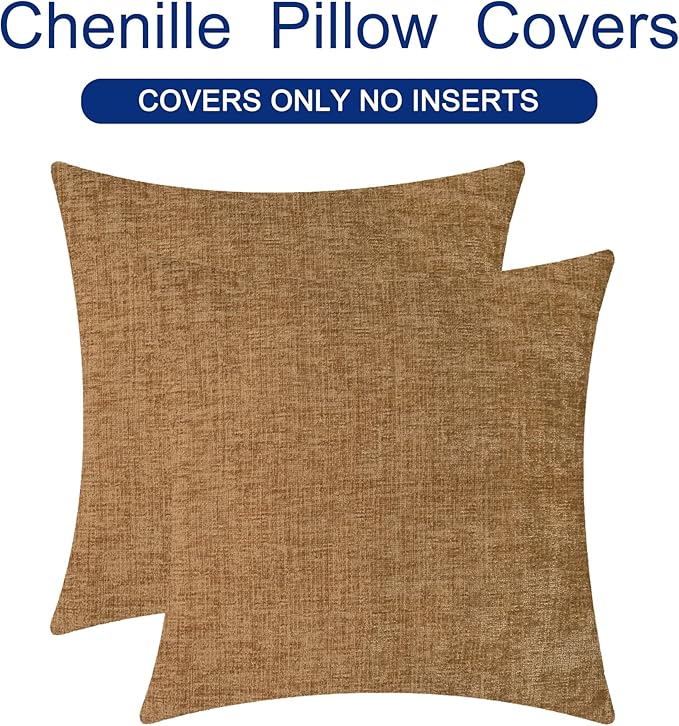 CaliTime Decorative Couch Throw Pillow Covers 22 X 22 Inches Apricot Brown | Pack of 2, Cozy Chenille Cushion Cases for Sofa Bed Living Room Farmhouse Home