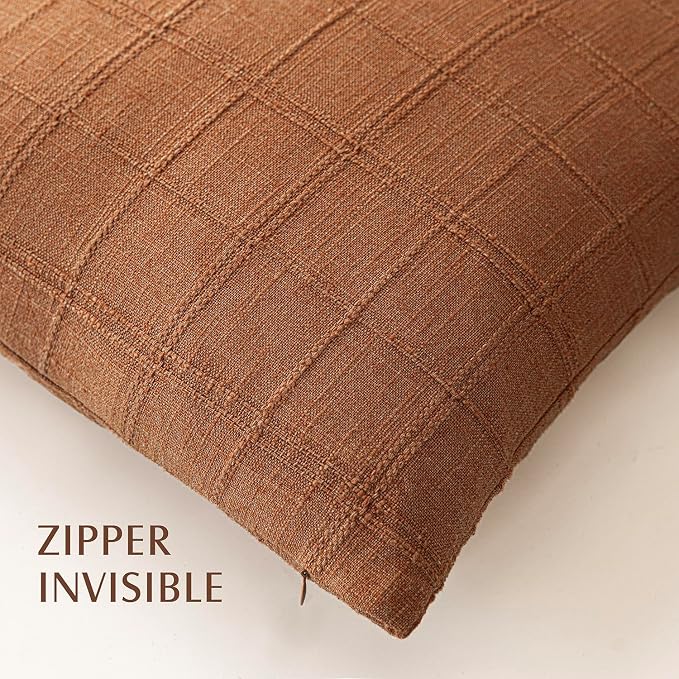 Foindtower Set of 2 Decorative Linen Check Throw Pillow Covers Neutral Farmhouse Vintage Cushion Covers Modern Boho Home Decor for Sofa Chair Couch Bedroom Living Room,22×22 Inch,Orange
