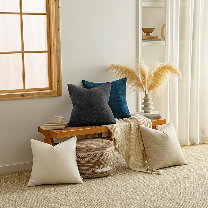 a moment Pack of 2 Decorative Chenille Throw Pillow Covers with Twill Cushion Covers for Sofa Living Room Couch Bed 18x18 Inch Black