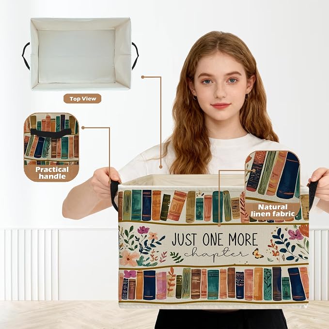 Floral Bookish Storage Box Bins, Book Lover Reader Gifts, Just One More Chapter Collapsible Storage Basket Organizer for Reading Room Corner Home Library Clothes Books