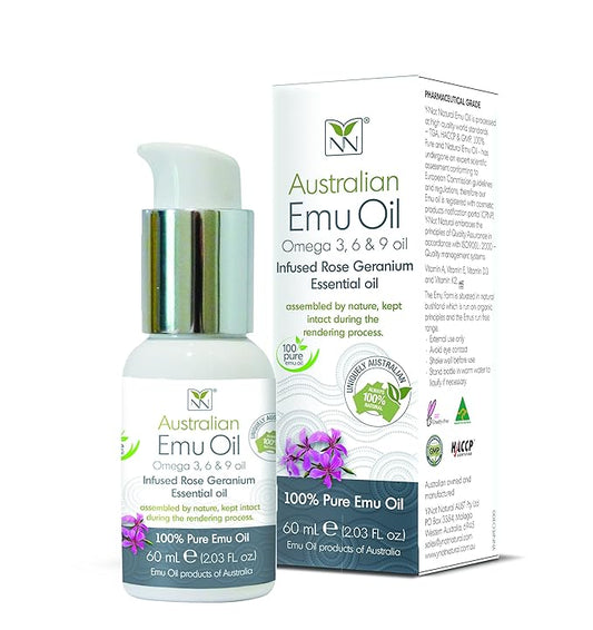 Y Not Natural Pure Emu Oil - Organic Moisture for Face, Body, Hair, Scalp & Nails - Rich in Omega 3-6-9, Vitamins & Essential Minerals - Australian Emu Oil (60ml) 2.03 fl oz - Rose Geranium