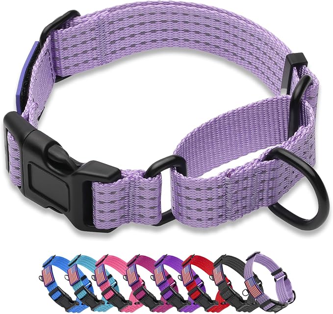 Martingale Dog Collar Reflective with USA Flag Patch, Lavender, L