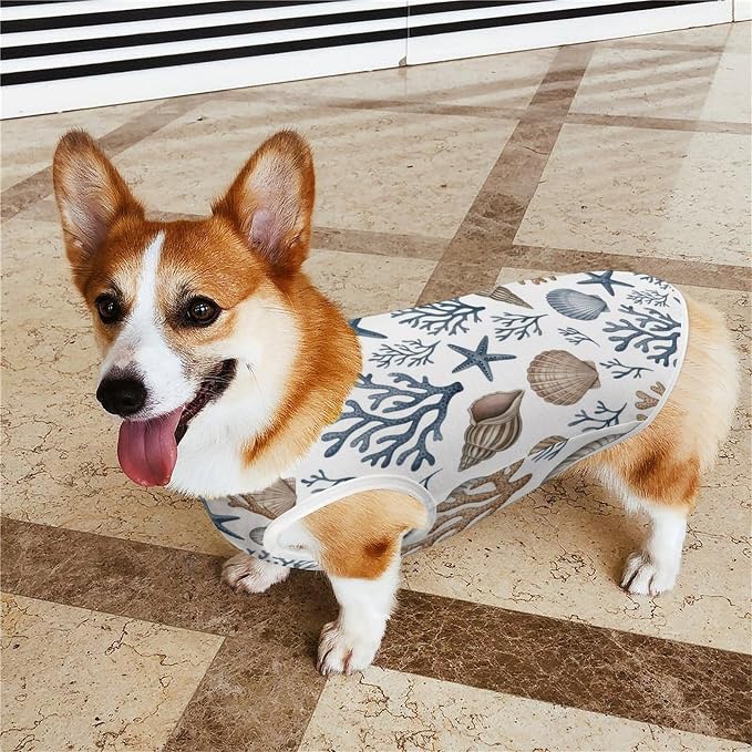 Fashion Cat Shirt Dog Tank Tops Pet Soft Breathable Clothes Cute Decor Ocean Shells Starfish Coastal Blue Grey Beige Brown White