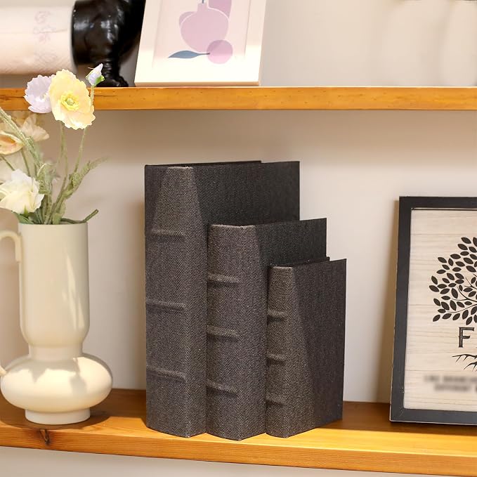 Decorative Book Boxes Set of 3,Modern Faux Linen Hidden Storage, Black | Linen & Wood Hidden Storage,For Coffee Table – Stackable Fake Books for Shelf Decor, Remote Control & Jewelry Organizer