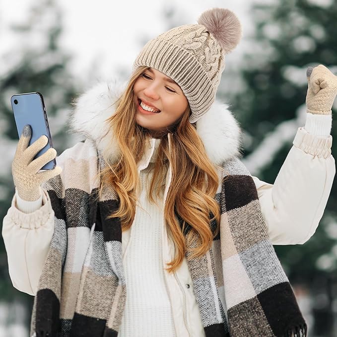 SATINIOR 5 Pcs Winter Hat Scarf Gloves Set Fleece Warm Lined Knit Beanie Hat Touch Screen Earmuff Gloves Warmer for Women(Beige,Vivid Style)