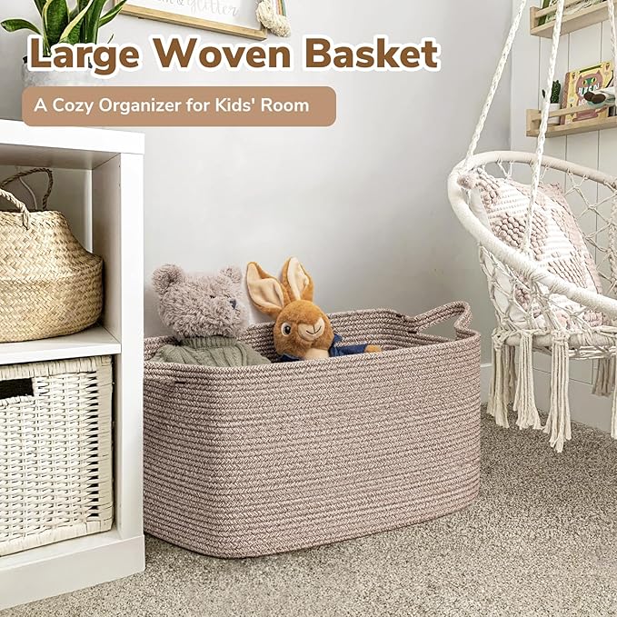 Goodpick Large Woven Rope Blanket Basket, Rectangle, Brown, 75L | 21.6'' x 14.9'' x 11.8'' Storage Basket for Blankets, Toys & Clothes, Living Room & Nursery Organization, Reinforced Handles