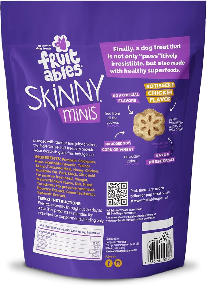 Fruitables Skinny Minis Soft & Chewy Dog Training Treats, Low Calorie Chicken & Pumpkin Recipe, Bite-Sized Rewards for Puppies & Adult Dogs, No Wheat Corn or Soy, Made in USA, 5 oz