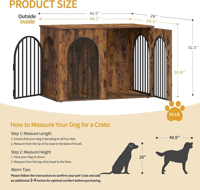 Hzuaneri 46.5'' Dog Crate Furniture,Dog Kennel Indoor for Medium/Large Dogs | Dog Kennel Furniture Wooden Dog Cage Heavy Duty Dog Crate Decorative Pet House End Side Table TV Stand,Rustic Brown DFC93901B
