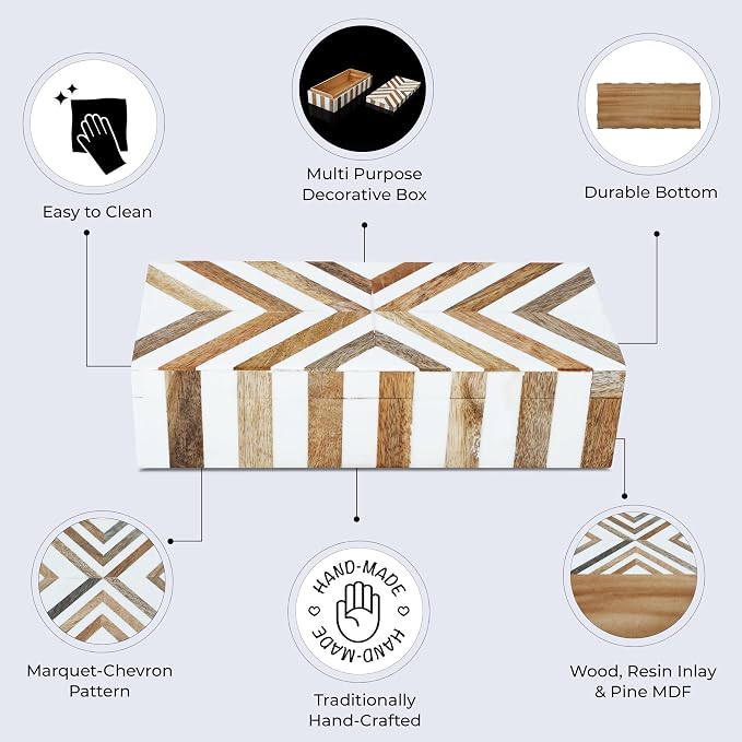 Handicrafts Home White Decorative Storage Box with Lid Wooden Coffee Table Storage Box Decorative Organizer for Living Room Decor – Resin Inlay Marquet Chevron Collection - 10x4.5x2.5