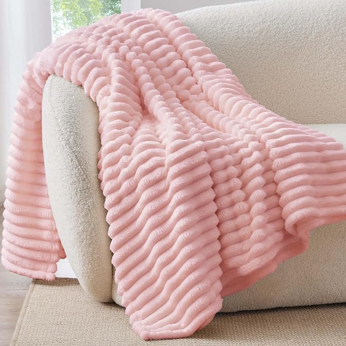 BEDELITE Throw Blanket for Couch - 300GSM Soft & Warm Fluffy Pink Blanket, Decorative and Giftable Striped Blankets for Women, Men, 50"x70" | Ultra-Soft Plush Fleece, Warm Yet Lightweight, Ribbed Texture, Home Decor, Machine Washable, Giftable, All-Sea...