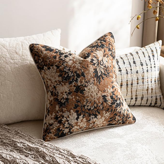 Pack of 2 Vintage Floral Throw Pillow Covers 22x22 Boho Farmhouse Accents Chenille Square Decorative Pillow Cases for Living Room Couch Bed Home Decor, Cognac