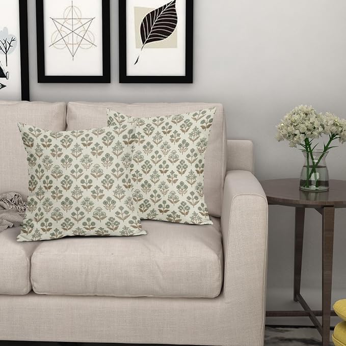 Brown Green Floral Pillow Covers 24x24 Inch Set of 2, Vintage Flower Block Print Pattern Decorative Throw Pillowcases Outdoor Farmhouse Cushion Covers Spring Summer Rustic Sofa Couch Bed Decor