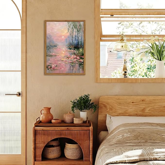 Framed Vintage Monet Canvas Wall Art, Pink Water Lilies Floral Pictures Wall Decor, Impressionist Sunset Landscape Paintings Prints Nature Aesthetic Artwork for Living Room Bedroom 12x16 inch