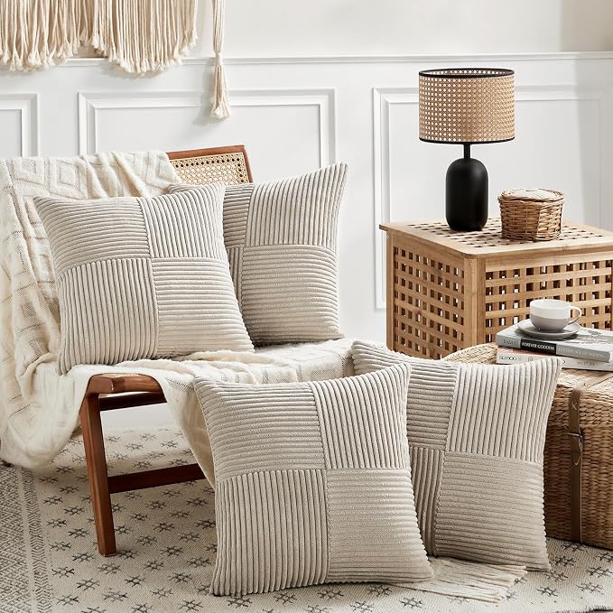 Fancy Homi Neutral Taupe Samll Decorative Throw Pillow Covers 14x14 Inch with for Couch Bed Sofa, Rustic Farmhouse Boho Home Decor, Soft Corss Patchwork Corduroy Square Cushion Case 35x35 cm