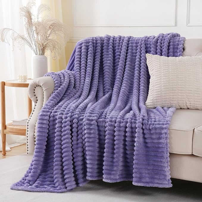 Lavender Throw Blanket for Couch Sofa 90x90 inches Striped Design | Fleece Blankets Room Home Decor Lightweight Plush Soft Cozy Gifts for Women Mom