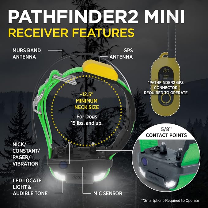 Dogtra PATHFINDER 2 MINI Additional Receiver Dog GPS Tracker e Collar Green LED Light No monthly fees Free App Waterproof Smartwatch control Satellite Real Time tracking long range Smartphone required