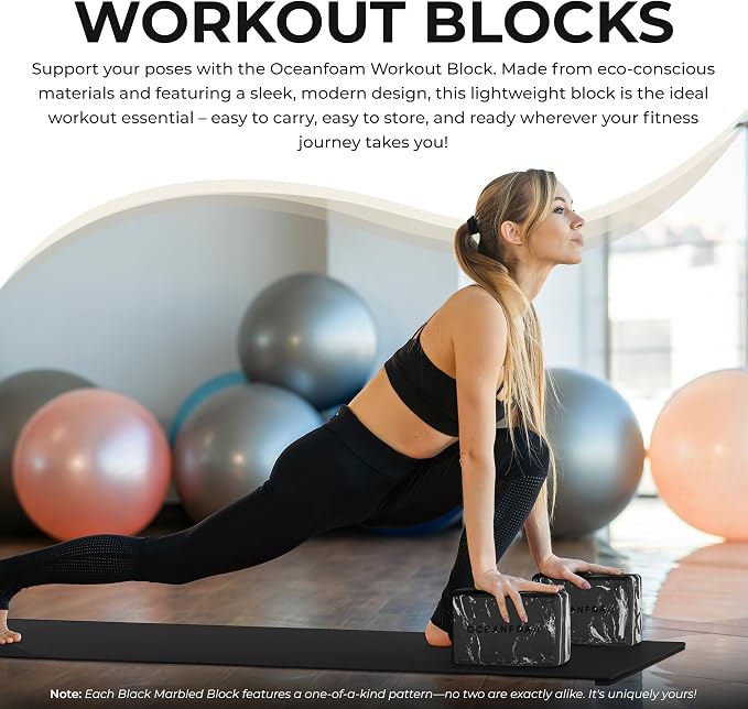 Oceanfoam Workout Block - High-Density Foam Exercise Block, Lightweight, Non-Slip for Stability & Support in Pilates, Yoga, Stretching & More - Algae-based EVA Foam, 9"x6"x4" (Black Marbled)