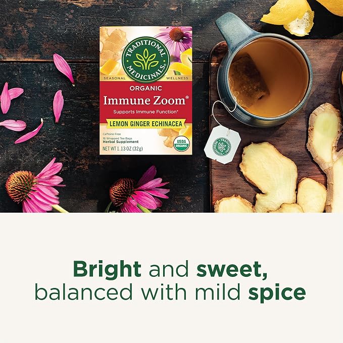 Traditional Medicinals Tea, Organic Immune Zoom Lemon Ginger - Supports Immune Function - Kosher, Non-GMO, Caffeine-Free, Compostable - 48 Tea Bags (3 Pack)