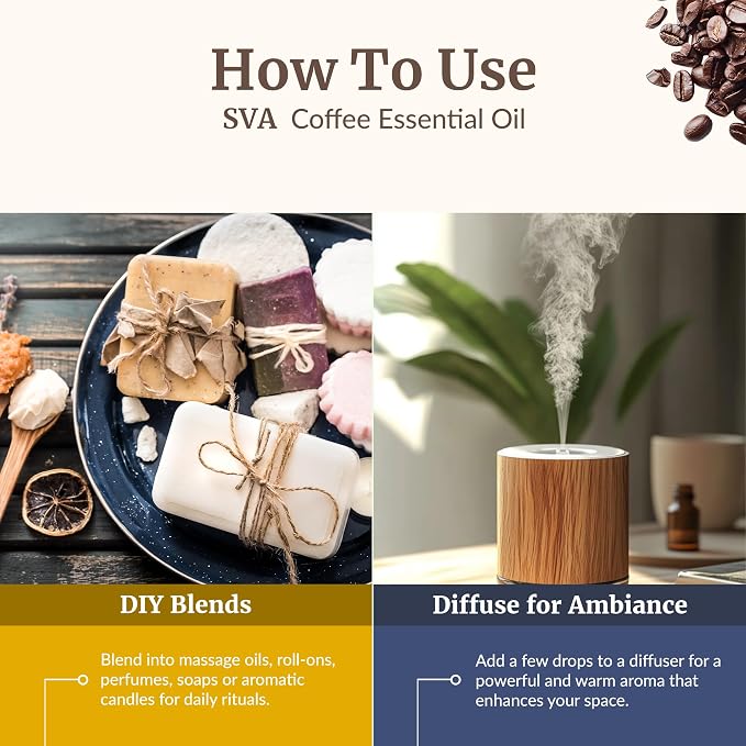 SVA Coffee Essential Oil 1/3 Fl Oz – for Diffuser, Skin & Hair Care – Ideal for Massage & DIY Blends – with Dropper