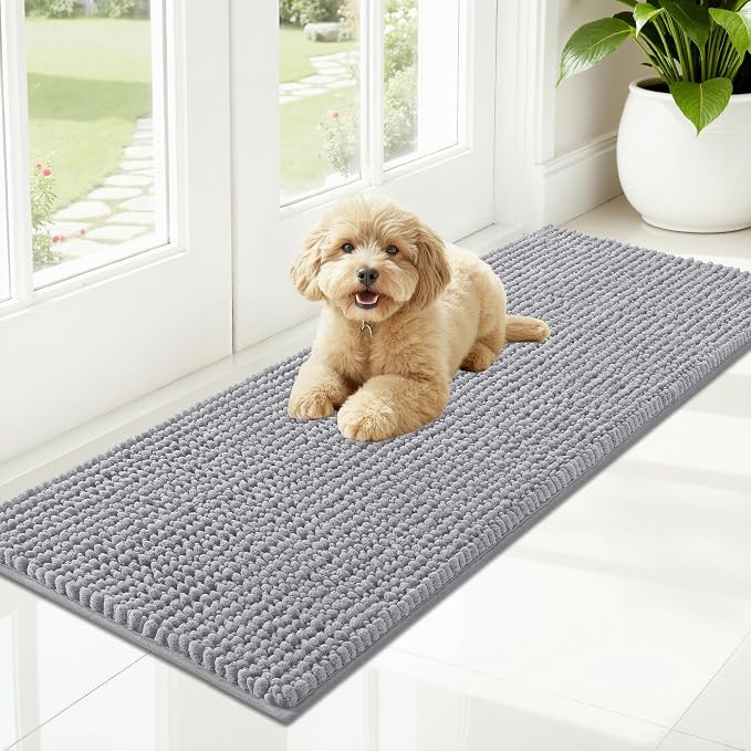 OLANLY Dog Door Mat for Muddy Paws 47x17, Extra Absorbent Chenille Mud Mat | Light Grey, Absorbs Moisture and Dirt, Non-Slip Machine Washable Doormat, Quick-Drying Indoor Entryway Floor Mat for Dogs