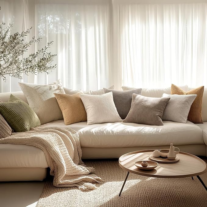 MIULEE Decorative Corduroy Throw Pillow Covers Set of 2 22x22 Cream White | Soft Striped Textured Cushion Cases, Boho Square Pillowcases Neutral Home Decor, for Couch Chair Sofa Bed Living Room