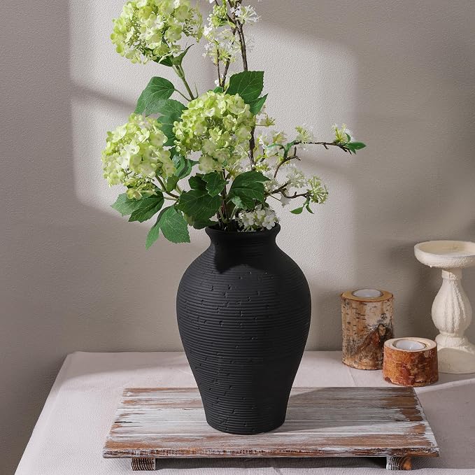 Ceramic Flower Vase Home Decor, 9 in Farmhouse Table Vases Rustic Vintage Living Room Kitchen Bedroom Pottery Decorative Vases for Flowers House Book Shelf Office Coffee Desk Dining Entryway, Black