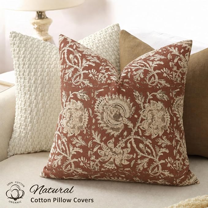 Fall Pillow Covers 20x20 Set of 2 Printed Floral Throw Pillows Farmhouse Pillow Cases Vintage Decorative Cushion Covers Fall Decorations for Couch Sofa Chair Bed Living Room, Rust