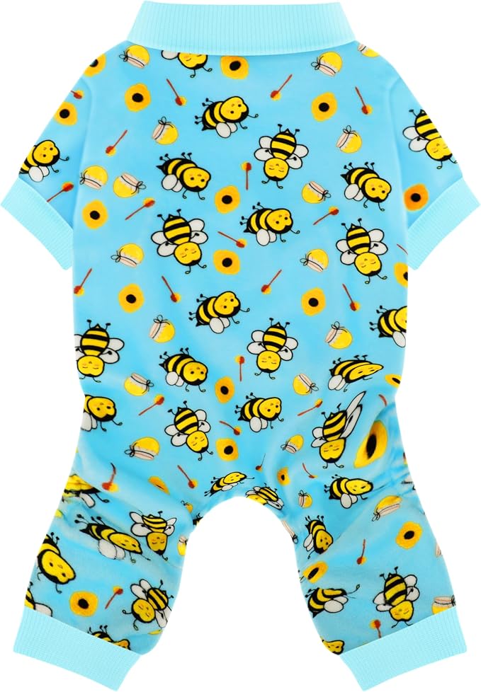 Dog Pajamas Onesie: Comfortable Four-Legged Apparel for Small, Medium, & Large Dogs, Polyester Material for Comfort, Wrinkle Resistance, Moisture Wicking, Stretchiness Cute Bee Sky Blue M